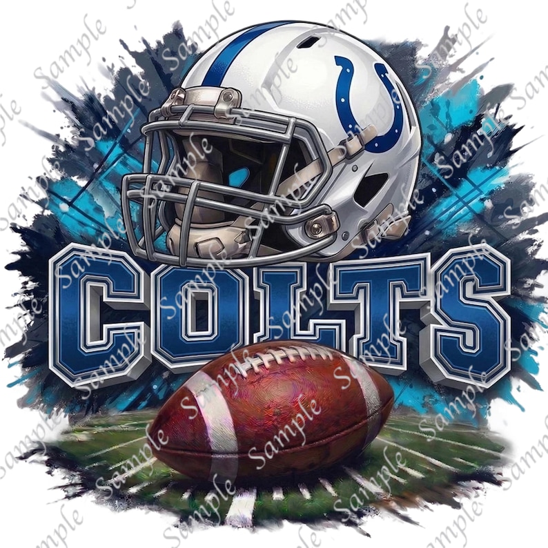 May include: A digital illustration featuring a white and blue Colts football helmet, the word "COLTS" in blue, and a brown football on a green field. The background has blue and black paint splatters.