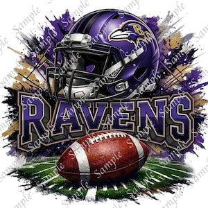 May include: A digital graphic featuring a purple football helmet with the Baltimore Ravens logo, a brown football, and the word "RAVENS" in purple and gray. The background has purple and gold paint splatters.