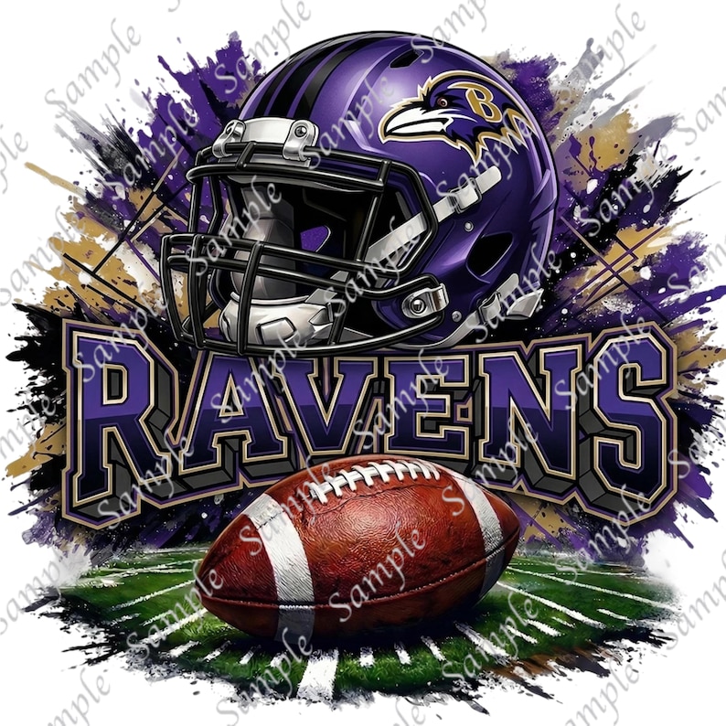 May include: A digital graphic featuring a purple football helmet with the Baltimore Ravens logo, a brown football, and the word "RAVENS" in purple and gray. The background has purple and gold paint splatters.