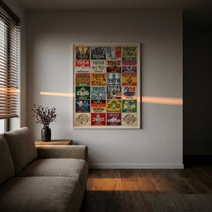 May include: A framed poster featuring FIFA World Cup posters from 1930 to 2022. The posters are arranged in a grid, showcasing the host countries and years. The poster is displayed on a white wall in a living room setting.