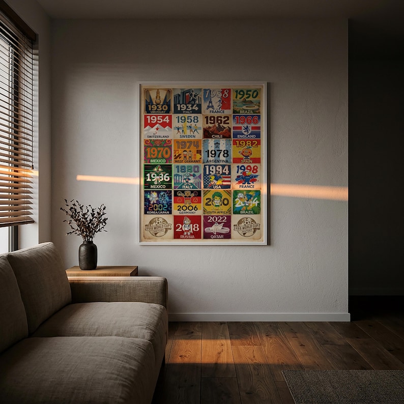 May include: A framed poster featuring FIFA World Cup posters from 1930 to 2022. The posters are arranged in a grid, showcasing the host countries and years. The poster is displayed on a white wall in a living room setting.