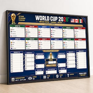 Può includere: Un tabellone murale incorniciato per la Coppa del Mondo 2026 con sfondo blu scuro e dettagli dorati. Mostra il programma del torneo, incluse le fasi a gironi, un tabellone a eliminazione diretta, le bandiere di USA, Canada e Messico e il trofeo.