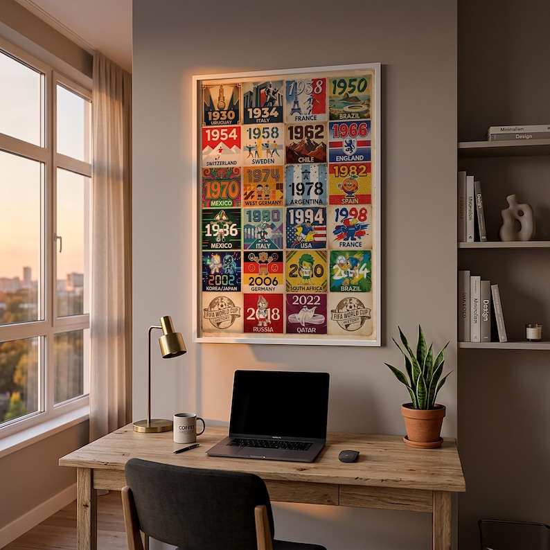 May include: A framed poster featuring FIFA World Cup years and host nations from 1930 to 2022. The poster has a white frame and is displayed on a wall above a wooden desk. The desk holds a laptop, a coffee mug, and a desk lamp.