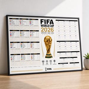 Può includere: Un tabellone incorniciato della Coppa del Mondo FIFA 2026 con un'illustrazione del trofeo dorato, tabelle dei gironi con bandiere nazionali e un tabellone del torneo. Il poster bianco include testo sui paesi ospitanti, 48 squadre e 104 partite.