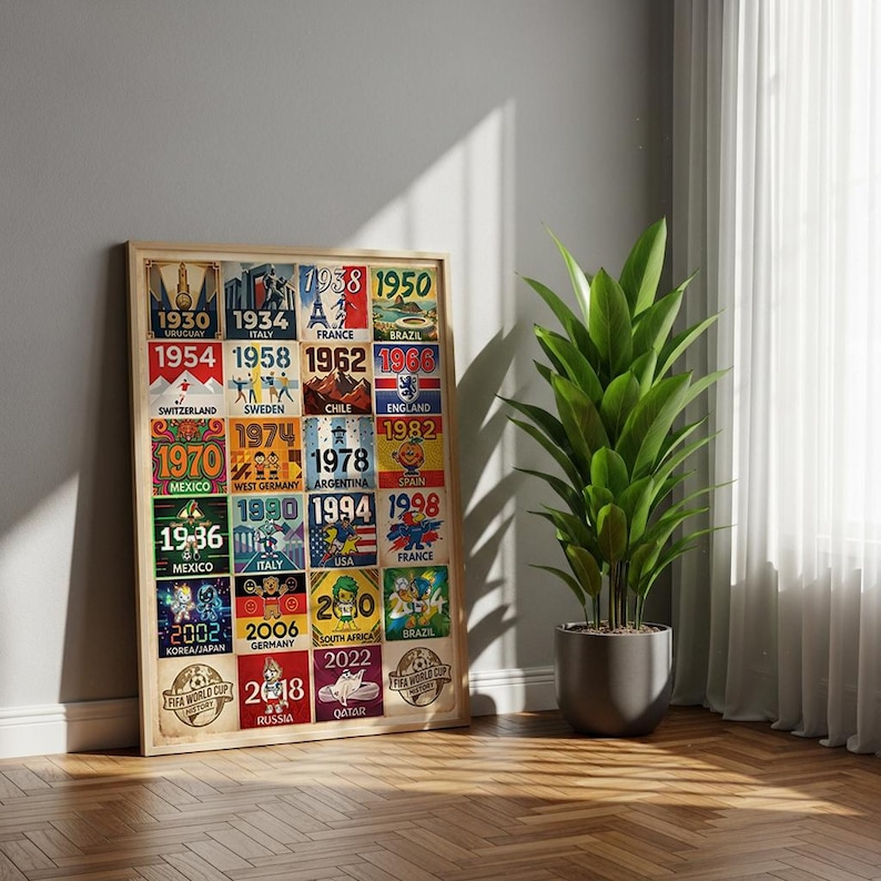 May include: A framed poster featuring a collage of World Cup years and host countries. The poster includes years like 1930, 1950, 1970, and 2022, with country flags and text. A large potted plant sits to the right.