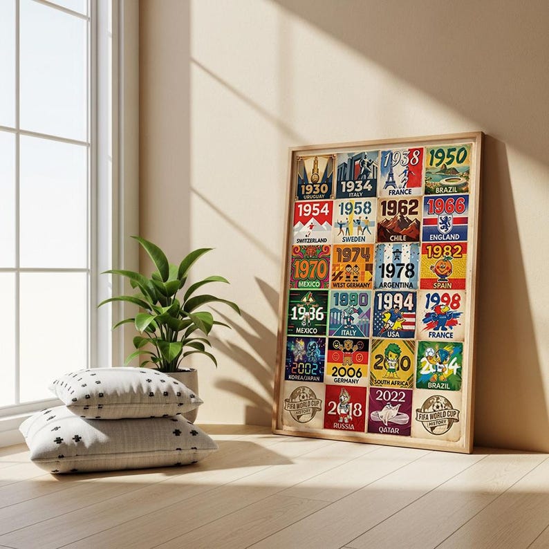 May include: A framed poster featuring FIFA World Cup history. The poster displays colorful squares with years and flags from 1930 to 2022. The poster is in a light-colored wooden frame and is leaning against a wall near a window.