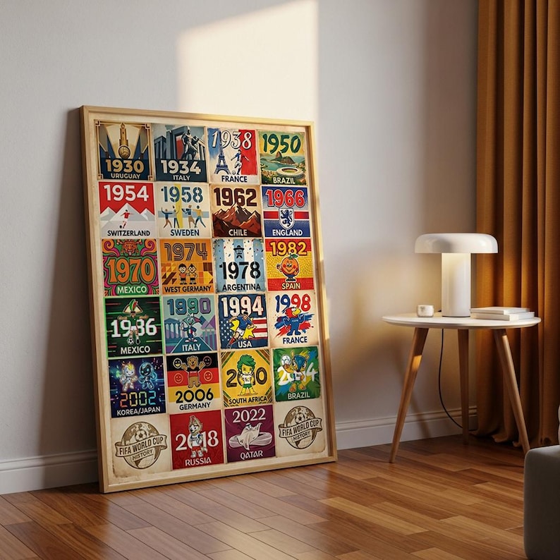 May include: A framed poster featuring FIFA World Cup history. The poster displays colorful squares with years and host countries, starting with 1930 Uruguay and ending with 2022 Qatar. The poster is in a wooden frame and leans against a wall.