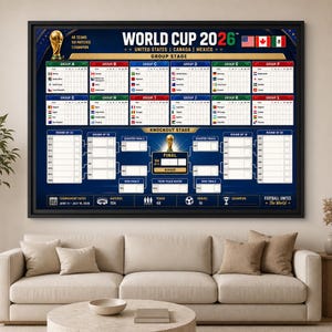 Può includere: Un poster da parete incorniciato che mostra il tabellone del torneo della Coppa del Mondo 2026. Il design blu scuro presenta il titolo, le bandiere di Stati Uniti, Canada e Messico, le tabelle della fase a gironi e la fase a eliminazione diretta.