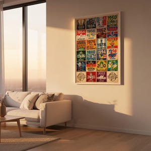 May include: A framed poster featuring a collage of FIFA World Cup tournament posters from 1930 to 2022. Each poster displays the year, host country, and a vintage design. The poster is displayed on a white wall in a living room.
