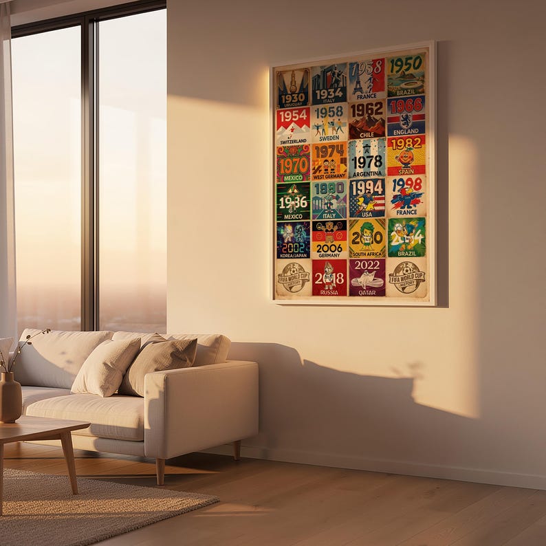 May include: A framed poster featuring a collage of FIFA World Cup tournament posters from 1930 to 2022. Each poster displays the year, host country, and a vintage design. The poster is displayed on a white wall in a living room.