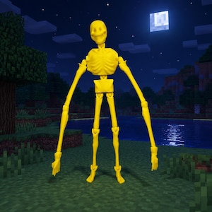 May include: A bright yellow articulated figure with a skeletal structure, a rounded head featuring a wide smiling mouth, and elongated arms that extend downward. The figure has visible joints at the shoulders, elbows, wrists, hips, knees, and ankles.