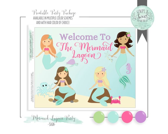 Mermaid Birthday Party Sign Pdf Printable Size 8 By 10 4 Mermaid Images With Sea Creatures In Purple Blue Pink Welcome Mermaid Lagoon By Simply Sweet Parties Catch My Party