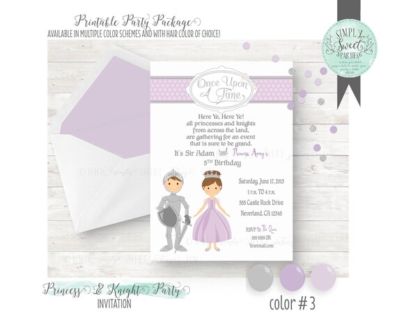 Princess and Knight Invitation. Birthday Party DIY printable PDF Invitation. purple and silver with other color options available Il_570xn
