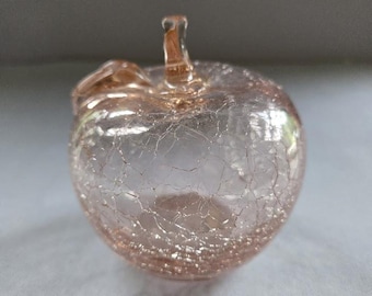 Vintage Pink Crackle Glass Apple Paperweight /Art Glass
