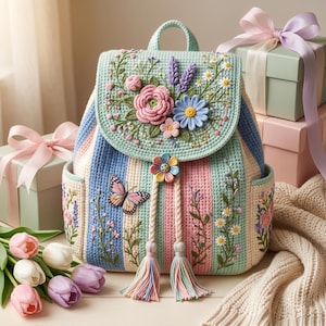 May include: A pastel-striped backpack with floral embroidery and a butterfly accent. The flap features a large pink rose, blue daisy, and other flowers. The backpack has a top handle, side pockets, and tassel details. The color palette includes pink, blue, green, and cream.