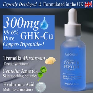 May include: A blue-tinted glass bottle of SAP&Oacute;NNI Advanced Copper Peptide Serum with a white dropper. The label highlights 300mg of GHK-Cu Copper-Tripeptide-1, Tremella Mushroom, Centella Asiatica, and Hyaluronic Acid. The bottle contains 1 fl oz.