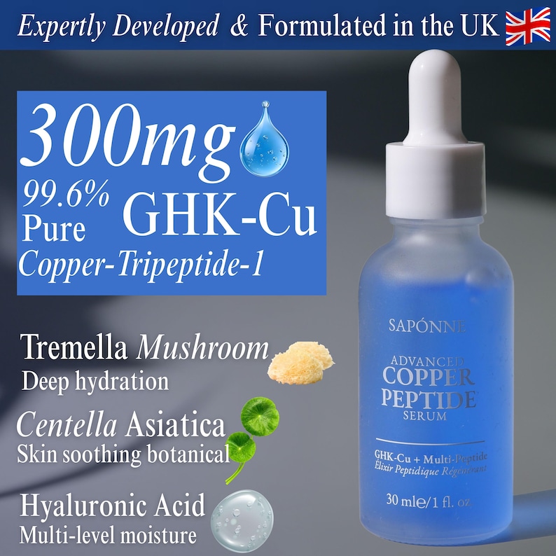 May include: A blue-tinted glass bottle of SAP&Oacute;NNI Advanced Copper Peptide Serum with a white dropper. The label highlights 300mg of GHK-Cu Copper-Tripeptide-1, Tremella Mushroom, Centella Asiatica, and Hyaluronic Acid. The bottle contains 1 fl oz.