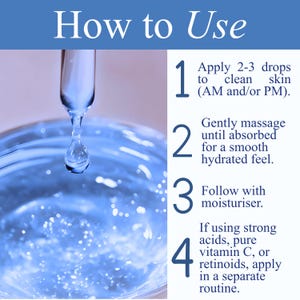 May include: A close-up image shows a clear liquid being dispensed from a dropper. The text "How to Use" is at the top, with numbered instructions below: Apply 2-3 drops to clean skin, gently massage, follow with moisturizer, and apply strong acids separately.