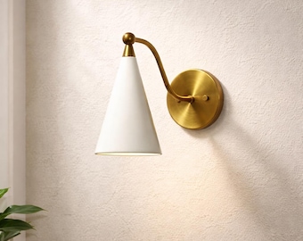 Mid-Century Italian Brass Wall Sconce – Matte White Cone Shade Light | Modern Bedroom & Vanity Fixture | Minimal Wall Lamp