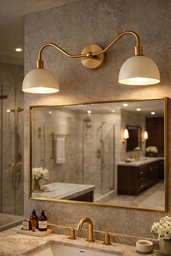 Brass Double Arm Bathroom Vanity Wall Light with Glass Shades – Modern Vintage Style