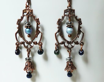 Earrings -  Blue Dangles With Copper