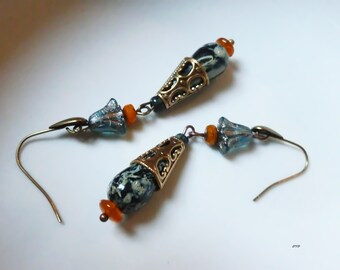 Earrings - Golden Orange and Blue Drop