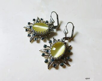 Earrings - Amber, Blue and Silver Dangle