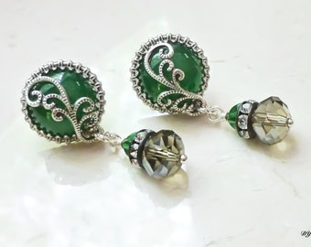 Earrings -Green with Silver Vine
