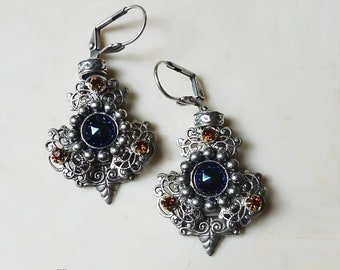 Earrings -  Silver Floral Blue