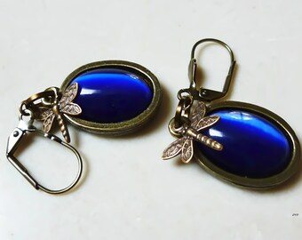 Earrings -Cats Eye Royal Blue Oval Dangle