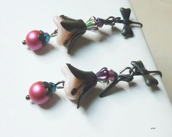 Earrings - Black and Pink Flower Dangle