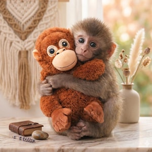 May include: A baby monkey hugging a plush toy monkey. The real monkey has brown fur and is embracing the stuffed animal, which is orange with a smiling face. The background includes a small vase with dried flowers and a decorative macrame.