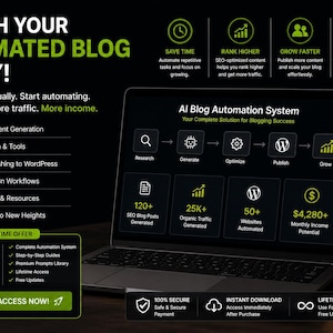 Op de afbeelding: Advertentie voor een AI blog automatiseringssysteem. De afbeelding toont een laptop met de functies van het systeem, waaronder content generatie, SEO optimalisatie en geautomatiseerd publiceren. Tekst: "Lanceer vandaag nog uw geautomatiseerde blog!"