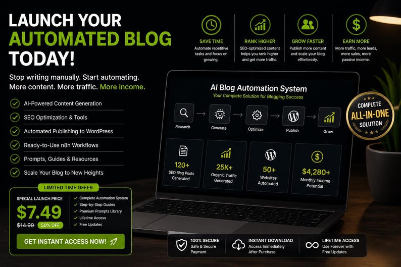 Op de afbeelding: Advertentie voor een AI blog automatiseringssysteem. De afbeelding toont een laptop met de functies van het systeem, waaronder content generatie, SEO optimalisatie en geautomatiseerd publiceren. Tekst: "Lanceer vandaag nog uw geautomatiseerde blog!"