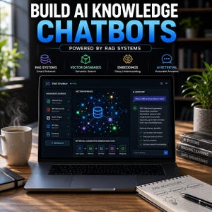 May include: A laptop displaying a user interface for building AI knowledge chatbots. The screen shows data visualization and text, with the title "BUILD AI KNOWLEDGE CHATBOTS". The image also includes a coffee mug, a notebook, and books on AI systems.