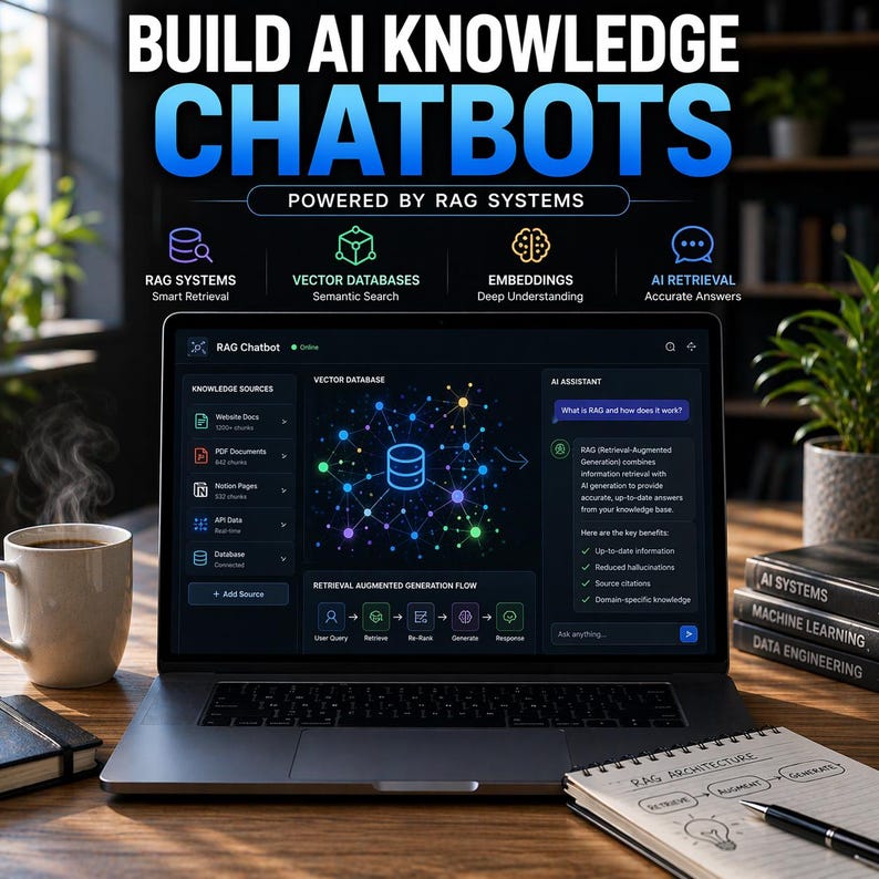 May include: A laptop displaying a user interface for building AI knowledge chatbots. The screen shows data visualization and text, with the title "BUILD AI KNOWLEDGE CHATBOTS". The image also includes a coffee mug, a notebook, and books on AI systems.