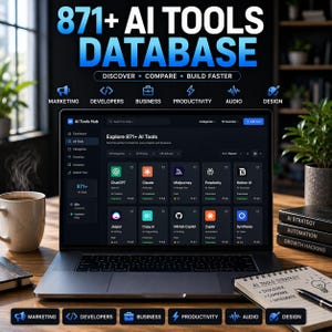 May include: A laptop displays the text "871+ AI TOOLS DATABASE" with the tagline "DISCOVER &bull; COMPARE &bull; BUILD FASTER." The screen shows an AI tools database with various categories and tools. A notepad and pen are on the desk.