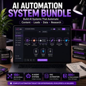 Może przedstawiać: Laptop wyświetla przepływ pracy automatyzacji AI z ikonami i tekstem. Ekran pokazuje "AI Automation System Bundle" i "Build AI Systems That Automate Content Leads Data Research". Kubek z napisem "Automate. Systemize. Scale."