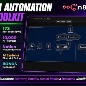 以下が含まれることがあります： AI自動化ツールキットの広告。画像には、白と紫色の「AI AUTOMATION TOOLKIT」というテキストと、173のワークフロー、10,000のAIプロンプト、ボーナスリソースなどの機能を説明するアイコンとテキストが表示されています。下部のテキストは「コンテンツ、メール、ソーシャルメディア、ビジネスワークフローを自動化する」と書かれています。