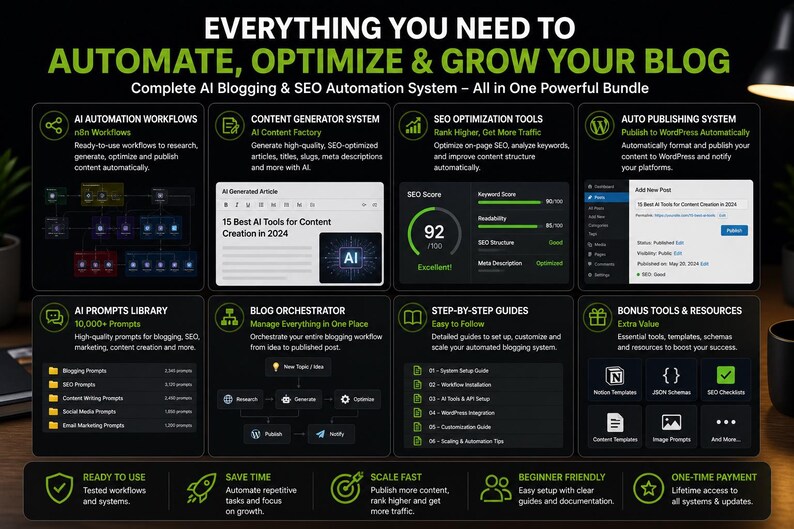 Op de afbeelding: Een donkergroene en zwarte afbeelding met de tekst "EVERYTHING YOU NEED TO AUTOMATE, OPTIMIZE & GROW YOUR BLOG". Het bevat secties over AI-automatisering, contentgeneratie, SEO-tools en WordPress-publicatie. De SEO-score is 92/100.