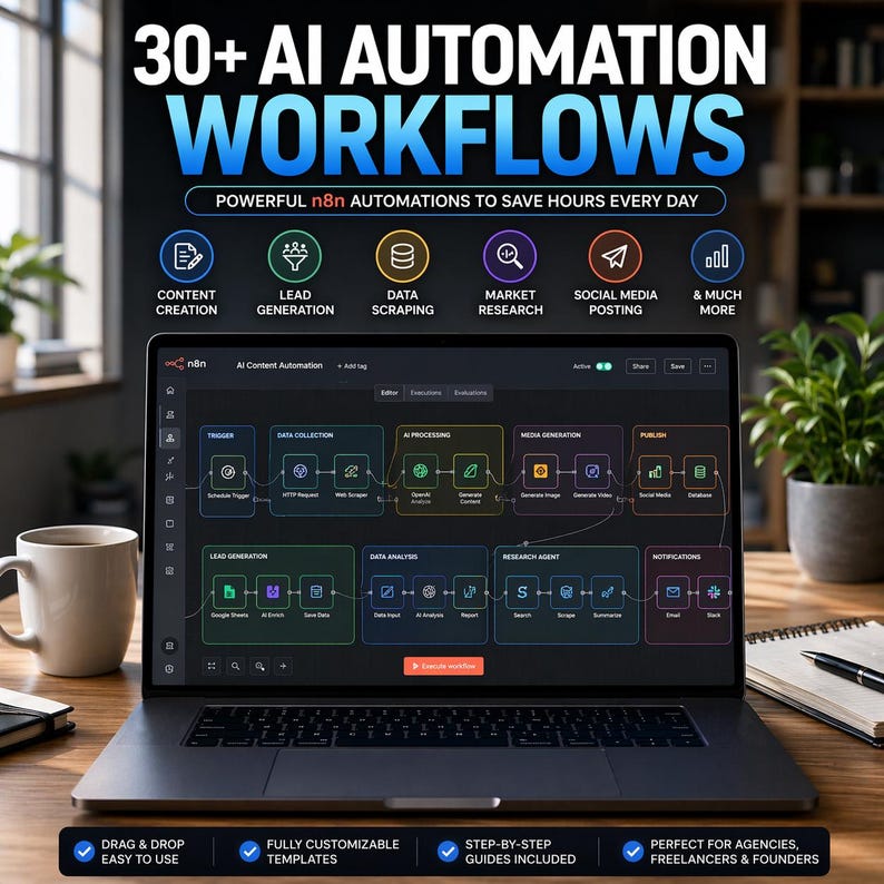 May include: A laptop displays a workflow diagram with the text "30+ AI AUTOMATION WORKFLOWS." The screen shows icons for content creation, lead generation, data scraping, market research, and social media posting. The laptop is on a wooden desk.