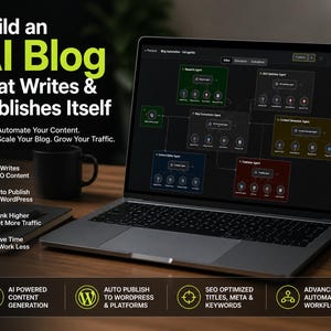 Op de afbeelding: Een laptop toont een complex diagram van een AI-blogautomatiseringssysteem. Het scherm toont verschillende onderling verbonden modules met labels als "Research Agent" en "Content Generator Agent". De tekst promoot AI-gestuurde contentgeneratie en geautomatiseerd publiceren.