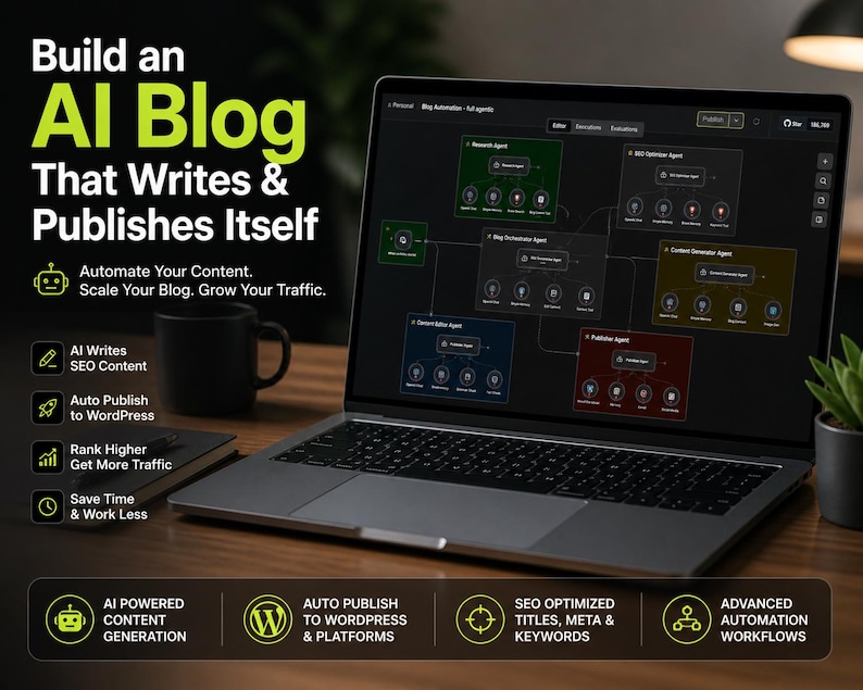 Op de afbeelding: Een laptop toont een complex diagram van een AI-blogautomatiseringssysteem. Het scherm toont verschillende onderling verbonden modules met labels als "Research Agent" en "Content Generator Agent". De tekst promoot AI-gestuurde contentgeneratie en geautomatiseerd publiceren.