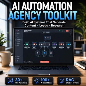 May include: A laptop displays a workflow diagram with the text "AI AUTOMATION AGENCY TOOLKIT." The screen shows a series of interconnected icons and text, including "Content," "Leads," and "Research." Below the laptop are icons with the text "30+ n8n Workflows," "100+ AI SaaS Ideas," and "RAG Chatbot Systems."