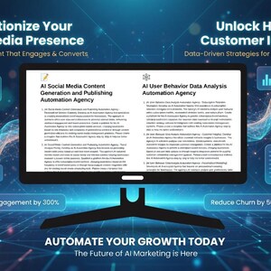 May include: A computer monitor displays text about AI social media content generation and user behavior data analysis. The image includes the text "Revolutionize Your Social Media Presence" and "Unlock Hidden Customer Insights". The background features a blue and white digital design.