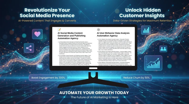 May include: A computer monitor displays text about AI social media content generation and user behavior data analysis. The image includes the text "Revolutionize Your Social Media Presence" and "Unlock Hidden Customer Insights". The background features a blue and white digital design.