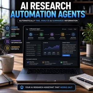 May include: A laptop displaying an AI research agent interface, with the text "AI RESEARCH AUTOMATION AGENTS." The screen shows data analysis, summarization, and report generation. A coffee mug, notebook, and pen are on the wooden desk.
