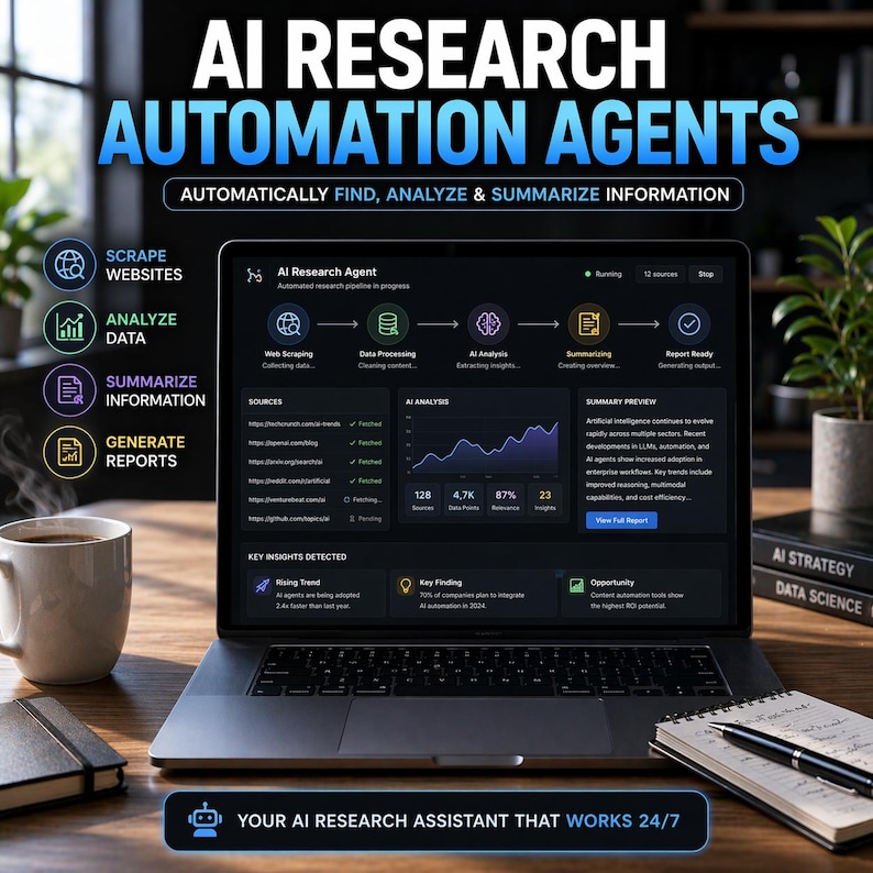 May include: A laptop displaying an AI research agent interface, with the text "AI RESEARCH AUTOMATION AGENTS." The screen shows data analysis, summarization, and report generation. A coffee mug, notebook, and pen are on the wooden desk.