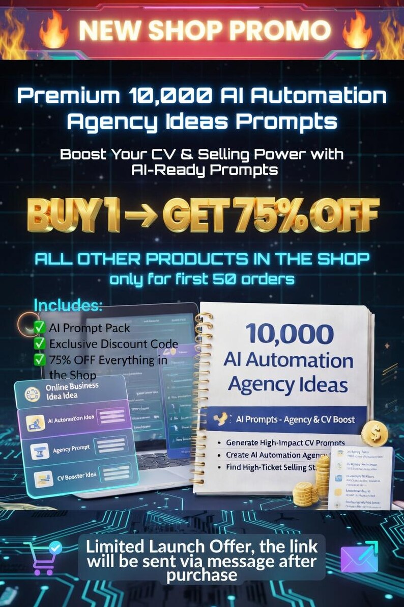 May include: Promotional graphic for an AI automation agency. The image features text that reads "Premium 10,000 AI Automation Agency Ideas Prompts" and "BUY 1 GET 75% OFF." It includes a notebook titled "10,000 AI Automation Agency Ideas."