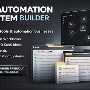 May include: A promotional image for an AI Automation System Builder. The image features a computer screen displaying a workflow diagram, along with file folders labeled "OpenAI_and_LLMs" and "Premium 10,000 Micro Software as a Service (SAAS)". Text includes "Build AI tools & automation businesses".